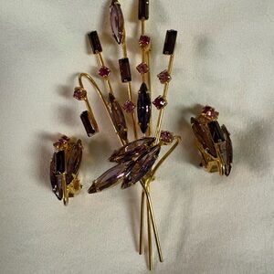 Vintage Gold-Tone Purple and Pink Crystal Bouquet Brooch & Clip Earrings Set